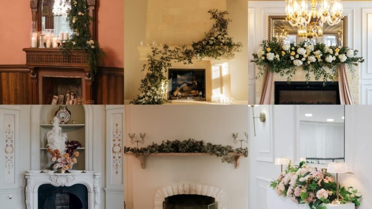 Collage of spring mantel decorating ideas with flowers and greenery