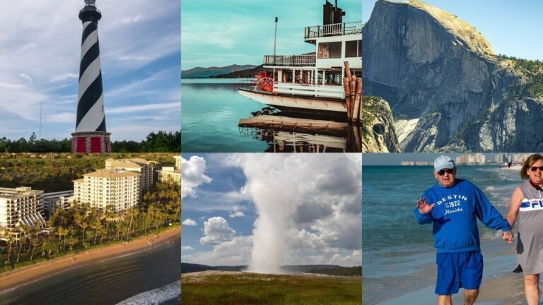 Collage of summer vacation destinations in USA with beaches and parks