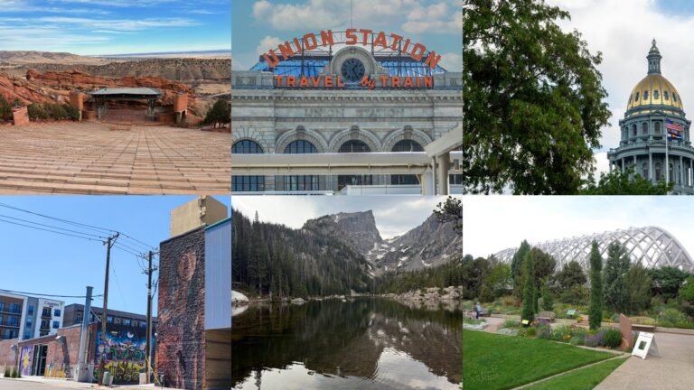 Collage of things to do in Denver with Red Rocks and downtown