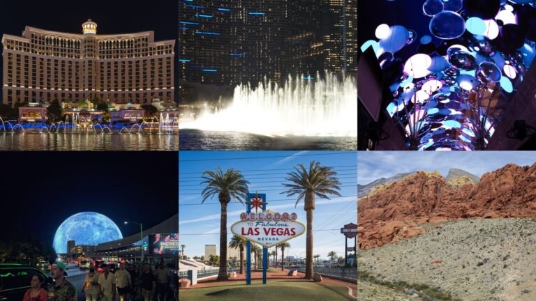 Collage of things to do in Las Vegas with the Strip and Bellagio fountains