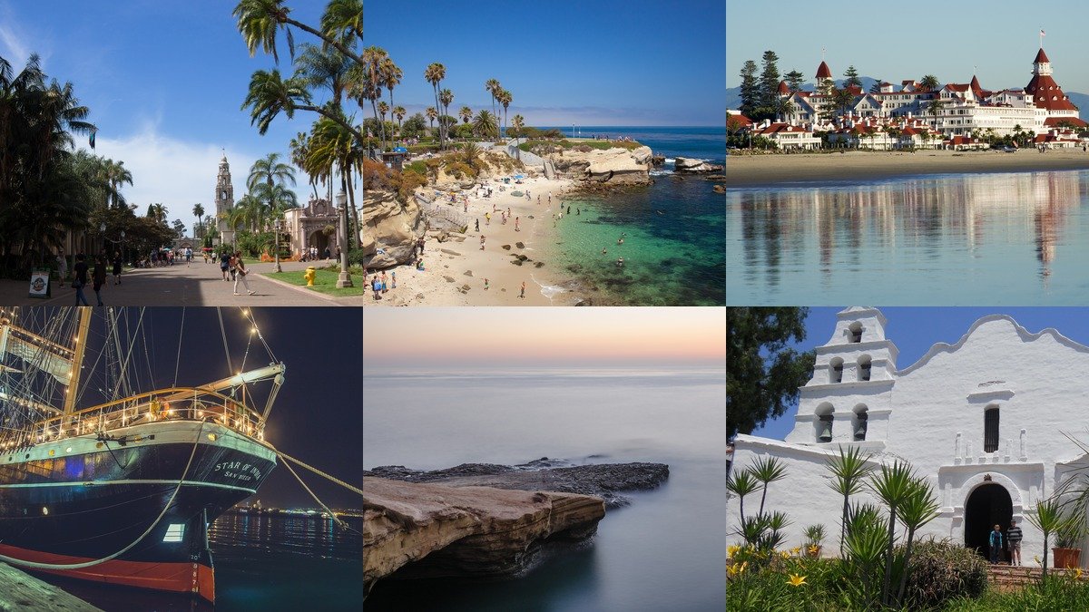 Collage of things to do in San Diego with Balboa Park and beaches