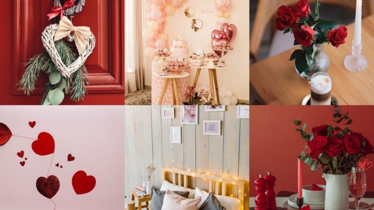 Collage of valentines day decor including heart garlands, candlelit tables, and roses