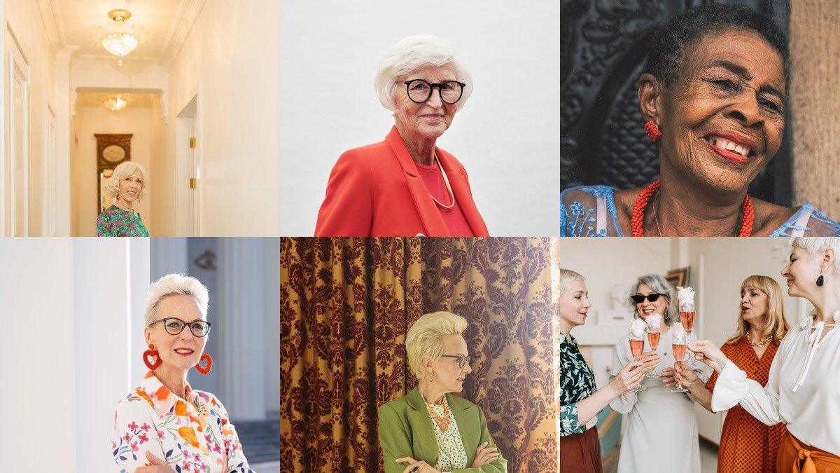 Collage of wedding guest outfits for women over 50 with elegant dresses