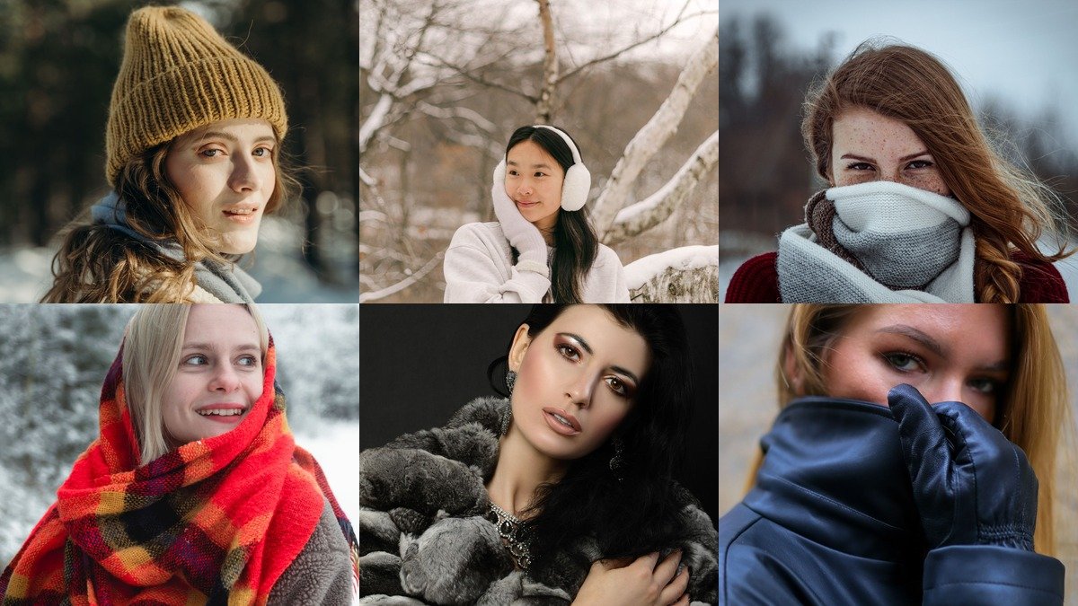 Collage of winter accessories with scarves hats and gloves
