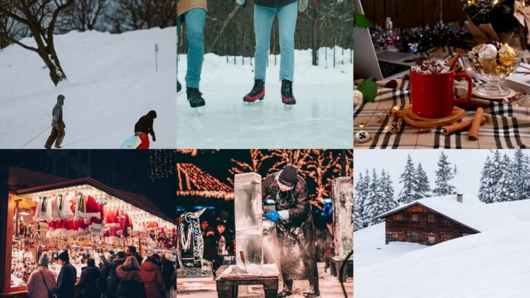Collage of winter activities with snow fun and cozy home plans