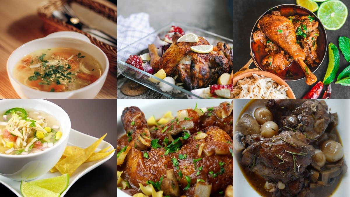 Collage of winter chicken recipes with soups braises and roast chicken
