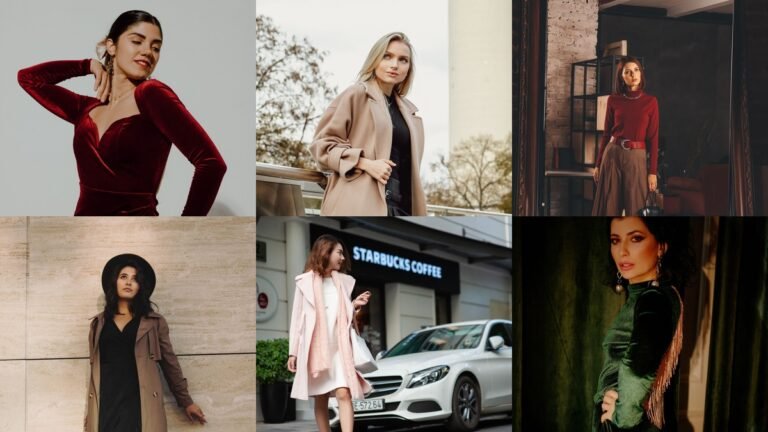 Collage of winter church outfits with dresses and coats