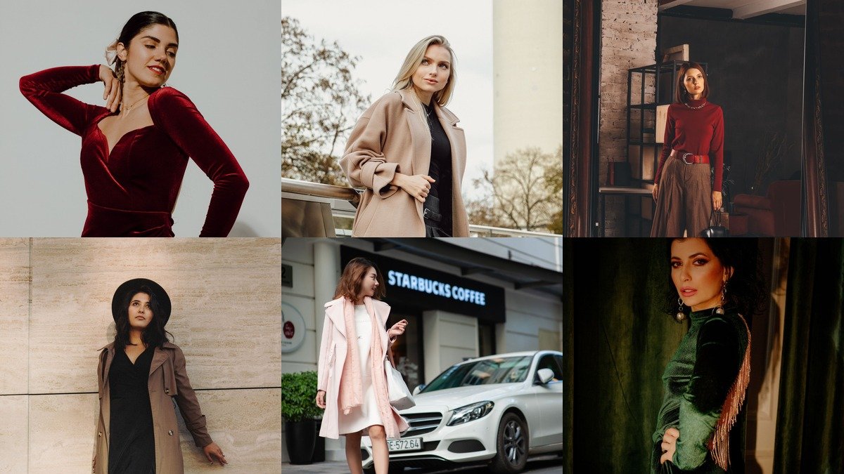 Collage of winter church outfits with dresses and coats
