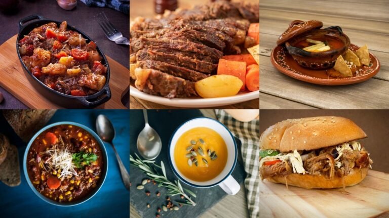 Collage of hearty winter crockpot meals and slow cooker dishes