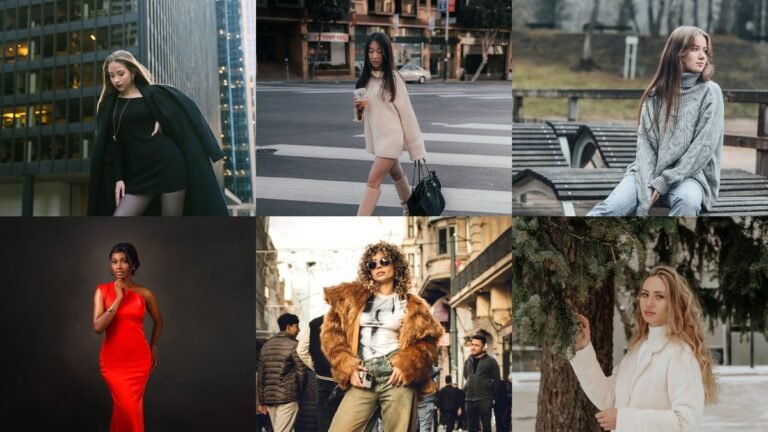 Collage of winter date night outfit ideas with dresses, knits, and coats