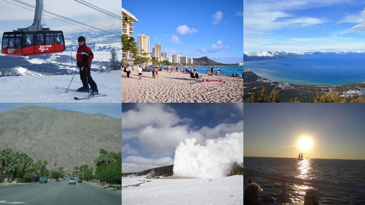 Collage of winter destinations in USA with ski towns and warm escapes
