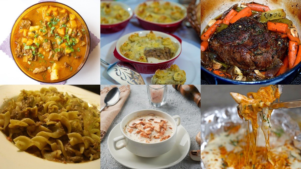 Collage of winter dinner recipes with soups stews and casseroles