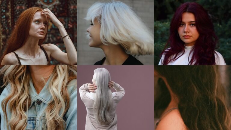 Collage of winter hair color ideas in brunette, copper, and blonde