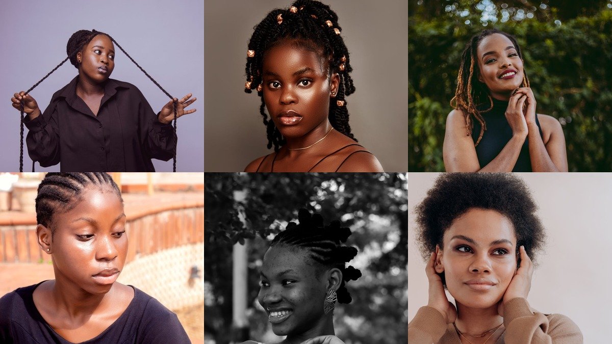 Collage of winter hairstyles for Black women with braids and locs