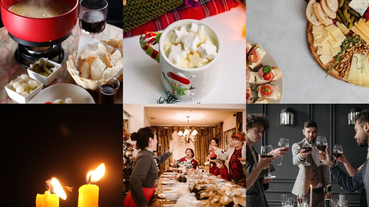 Collage of winter party ideas with fondue hot chocolate and candlelight