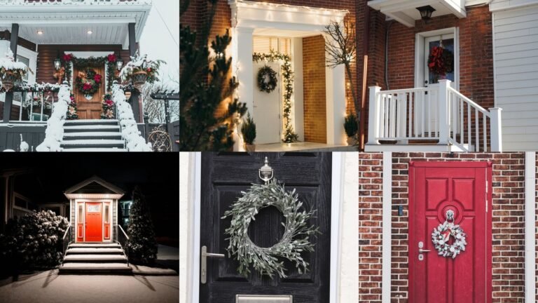Collage of winter porch decor with evergreens lanterns and cozy layers