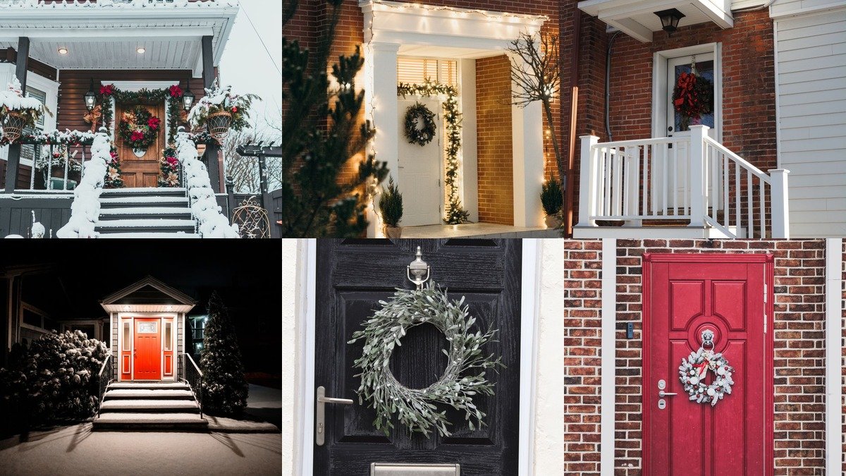 Collage of winter porch decor with evergreens lanterns and cozy layers