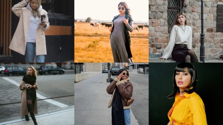 Collage of cozy winter travel outfits with coats and boots