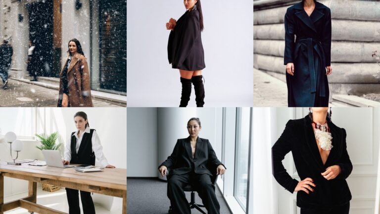 Collage of winter workwear outfits including wool blazers, camel coats, and cozy office knits